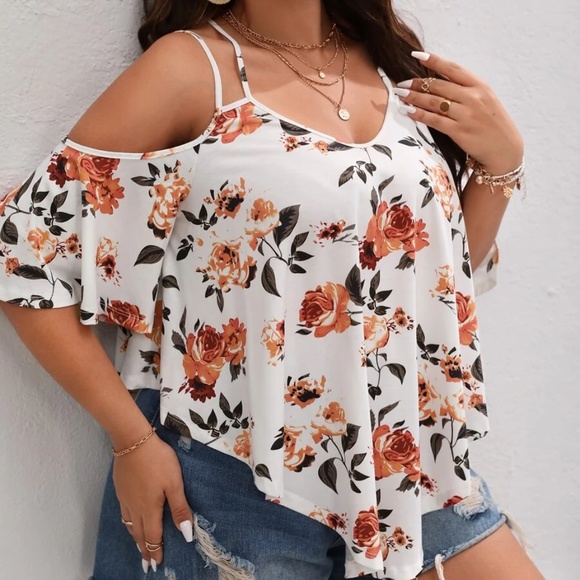 Plus Floral Print Cold Shoulder Blouse - Picture 2 of 5
